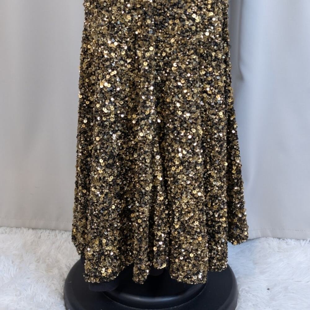 Theia Gold Sequin Gown Size 4 Black Gold Sleeveless Mermaid Maxi Dress - Picture 10 of 16